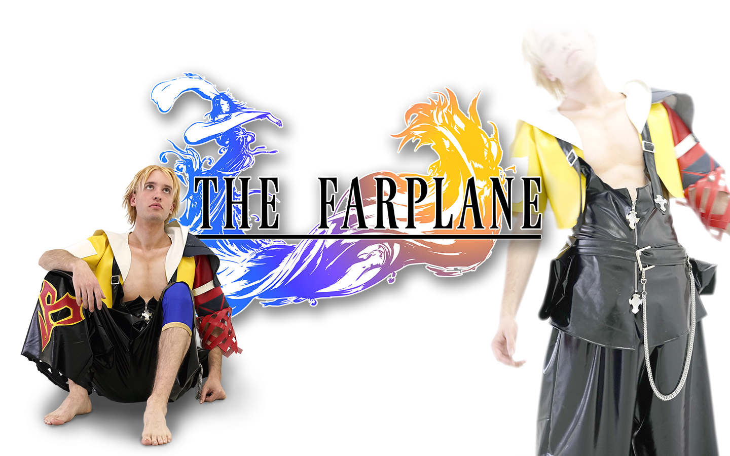 Jesse dressed as Tidus from Final Fantasy 10 sitting on the left and standing on the right with text that reads 'The Farplane'